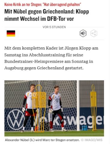 kicker, 16:52: Klopp confirma a Nübel como portero contra Grecia.